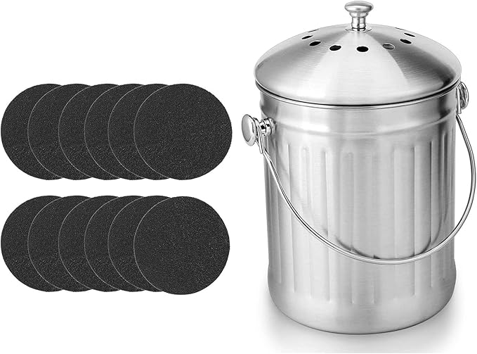 ENLOY Compost Bin & 12 Pack Compost Bin Filters Extra Thick Activated Carbon, Stainless Steel Indoor Compost Bucket with Carrying Handle 1.3 Gallon, Odor Absorbing Charcoal Filters 7.2 Inch