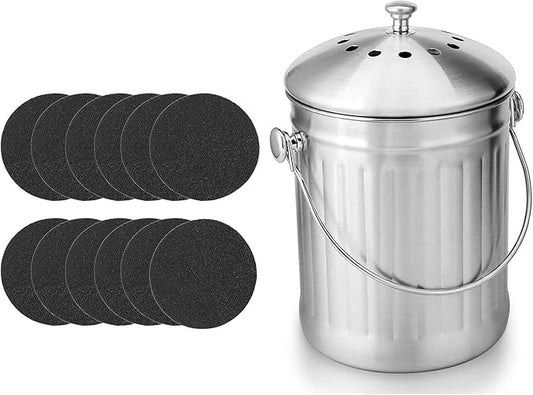 ENLOY Compost Bin & 12 Pack Compost Bin Filters Extra Thick Activated Carbon, Stainless Steel Indoor Compost Bucket with Carrying Handle 1.3 Gallon, Odor Absorbing Charcoal Filters 7.2 Inch