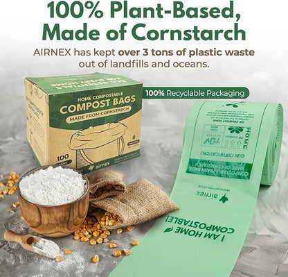 AIRNEX Compostable Kitchen Trash Bags 8 Gal - Cornstrarch Leakproof & Tear Resistant 100 Compost Bags - OK Compost Home & Seedling Certified 0.22 mm Kitchen Garbage Bags