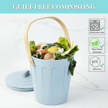 Martha Stewart Indoor Compost Bin | Countertop Composting Bucket for Kitchen | .7 Gallon Capacity | Includes Filter | Plant Based Materials | Light Blue