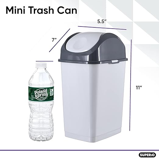 Superio Mini Desktop Trash Can with Swing Top Lid Portable Plastic Garbage Can for Countertop, Desktop, Make up Vanity, Bathroom, Car, Under Sink, Dorm Compact Waste Bin 5 L 1.25 Gal (2, Smoke/Grey)