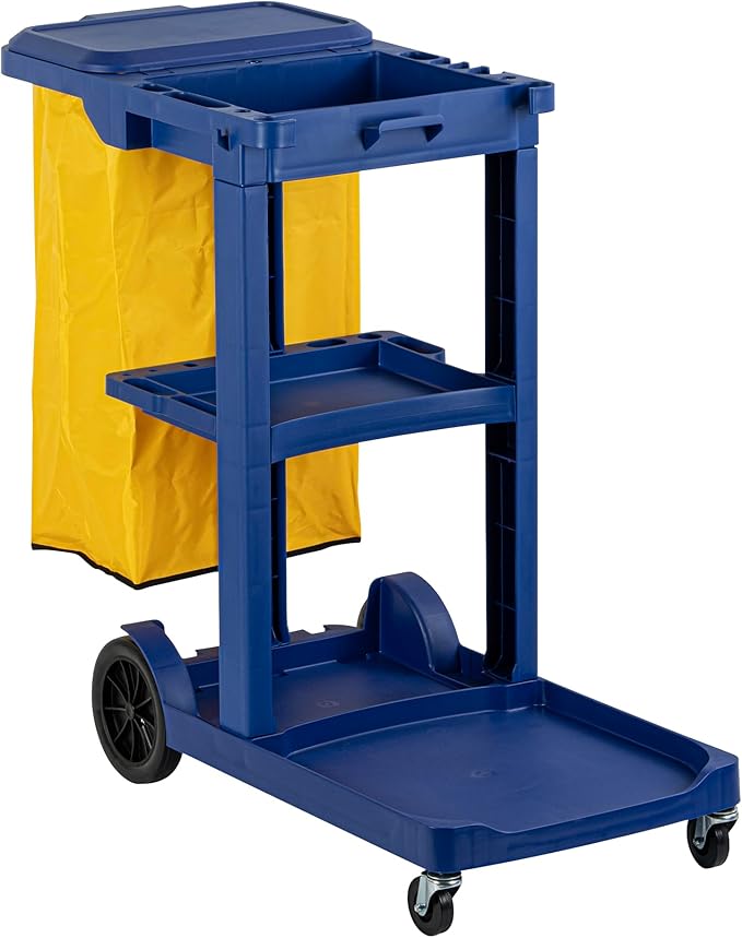 Restaurantware-Clean Tek Professional Janitor Cart with Wheels, 1 Cleaning Trolley with Cover and 18 Gallon Bag - 3 Shelves, Heavy-Duty, Blue Plastic Commercial Janitorial Cart, for Restaurants
