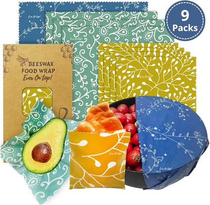 9 Pack Reusable Beeswax Wraps For Food - Zero Waste, Organic Bee wrap for food leftovers, Fruit, Bees wax paper food wrap