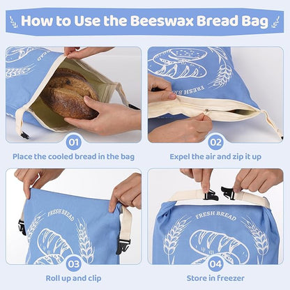2 Pack Beeswax Bread Bags with Zipper, XL(13x17in) Sourdough Bread Storage for Homemade, Freezer Storage Bag to Keep Fresh, Cotton Beeswax Container, Baguette Bag with Liner, Kitchen Baking (Blue)