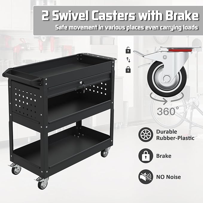 3 Tier Rolling Tool Cart with Drawers, 400 LBS Capacity Mechanic Tool Cart on Wheels, Heavy Duty Utility Cart with Pegboard, Metal Work Cart for Garage and Repair Shop, Matte Black