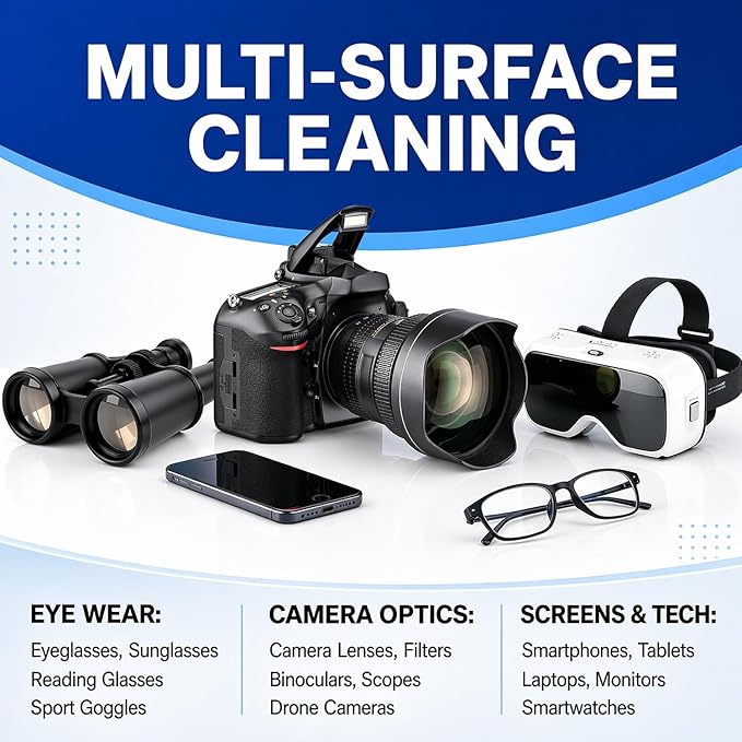 SmoTecQ Lens Wipes for Glasses, 180 Individually Wrapped Eyeglass Cleaning Wipes with 2 Microfiber Cloths for a Streak-Free Finish, Safe for Coated Lenses, Screens & Camera Lenses