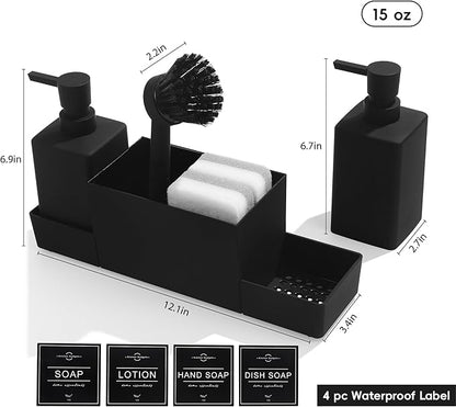 Kitchen Soap Dispenser with Sponge Holder Set for Sink Caddy, Hand Soap and Dish Soap Dispenser with Brush (Black)