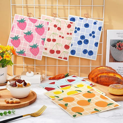 Swedish Dishcloths for Kitchen | 6 Pack Floral Reusable Paper Towels Washable | Swedish Dish Towels | Non-Scratch Cellulose Sponge Cloths | No Odor, Biodegradable Cleaning Cloths, Fruits
