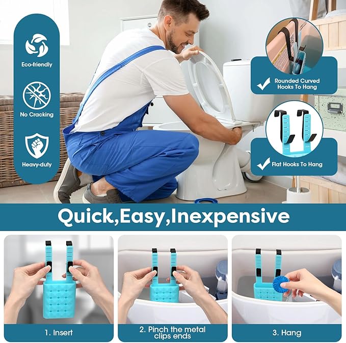 Adjustable Toilet Tank Cleaning Tablet Holder-Hanging Silicone Basket Carrier with Rustproof Hooks for Bowl Cleaner & Bleach Tablet Case Pouch Organizer, Accessory Fit Up to 7" Water Level