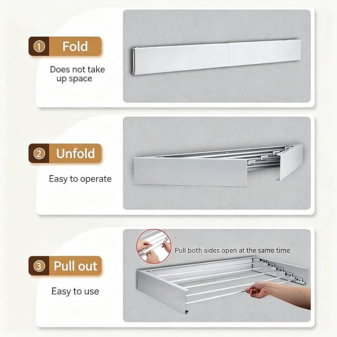 Wall-mounted folding clothes drying rack, 32" wide, 5 stainless steel rods, space-saving hidden laundry room drying rack, foldable wall-mounted, mountable drying racks with installation template