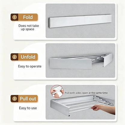Wall-mounted folding clothes drying rack, 32" wide, 5 stainless steel rods, space-saving hidden laundry room drying rack, foldable wall-mounted, mountable drying racks with installation template