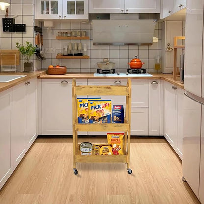 3-Tier Wooden Rolling Cart- Wooden Utility Cart wit Wheels- Utility Rolling Cart-Storage Trolley Organizer- Rolling Kitchen Serving Cart for Office,Kitchen, Kids' Room (Retro Yellow)