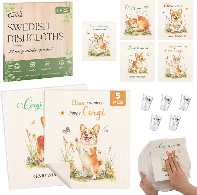 wlich 5PCS Swedish Dishcloths for Kitchen, Reusable Dish Rags for Washing Dishes with Clips, Non-Scratch Kitchen Towels and Dishcloths Sets, Washable Swedish Dish Cloths, No Odor(Dog)