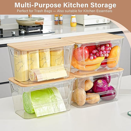 Trash Bag Dispenser, 2 Pack Extra Large Acrylic Trash Bag Holder with Bamboo Lid, Stackable Garbage Bag Holder Dispenser for Kitchen, Trash Bag Organizer for Under Sink, Bathroom, Laundry Room