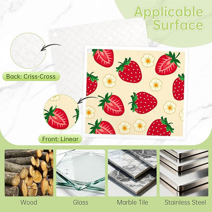 Swedish Dishcloths for Kitchen, 5 Pack Fruit Reusable Paper Towels with 3 Hooks, Washable Dish Cloth Set, Absorbent Cleaning Cloths for Home Washing Dishes Housewarming Gifts for Friend
