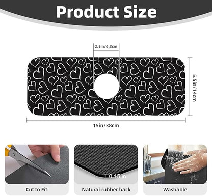 Love Heart Hearts Black And White Kitchen Sink Splash Guard Faucet Mat Super Absorbent Fast Drying Mat Sink Gadgets-Fast Drying Pad Sink Mat For Kitchen Bathroom (15" X 5.5" )