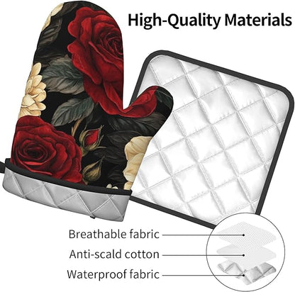 Boho Oven Mitts and Pot Holders Sets Vintage Peony Flowers Kitchen Mitts Potholders 2PCS Floral Oven Gloves Hot Pads for Kitchen Baking Cooking