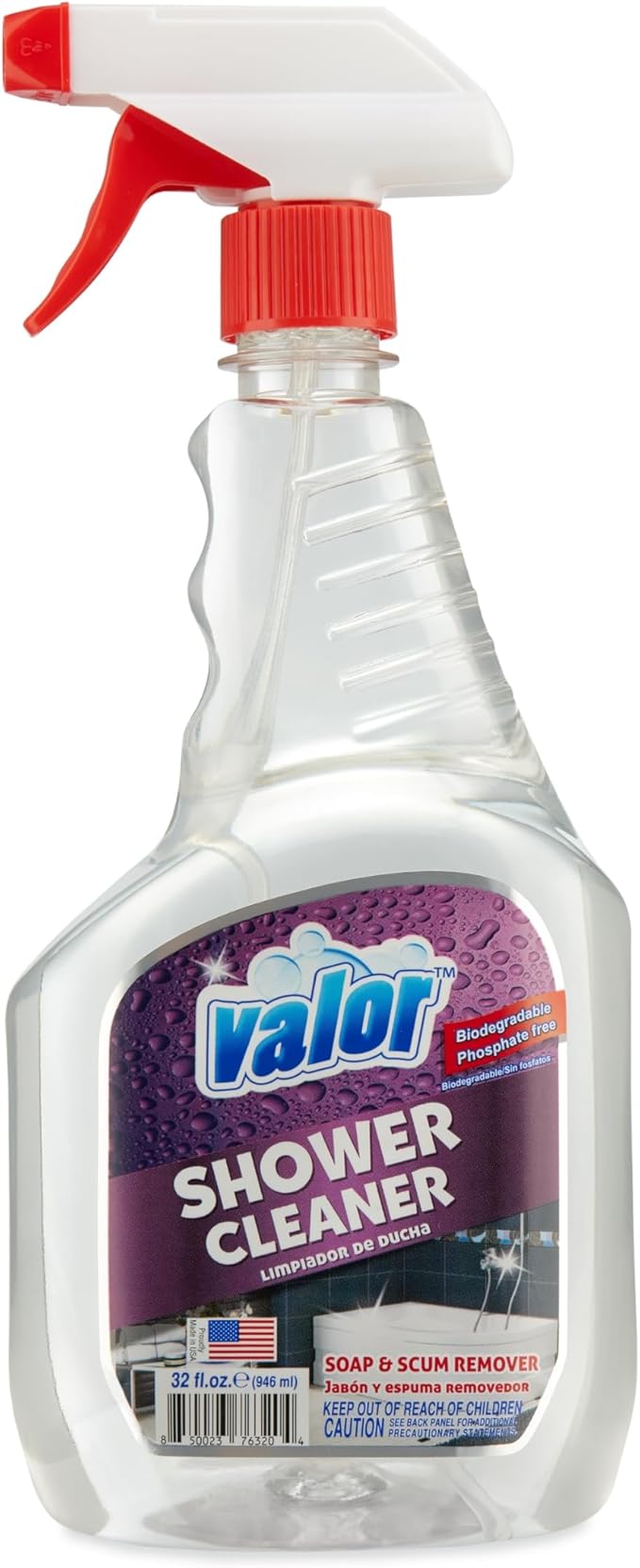 Valor Shower Cleaner Spray – Soap Scum & Hard Water Stain Cleaning Solution for Bathroom, Tub & Tile, (32 Fl Oz (Pack of 6))