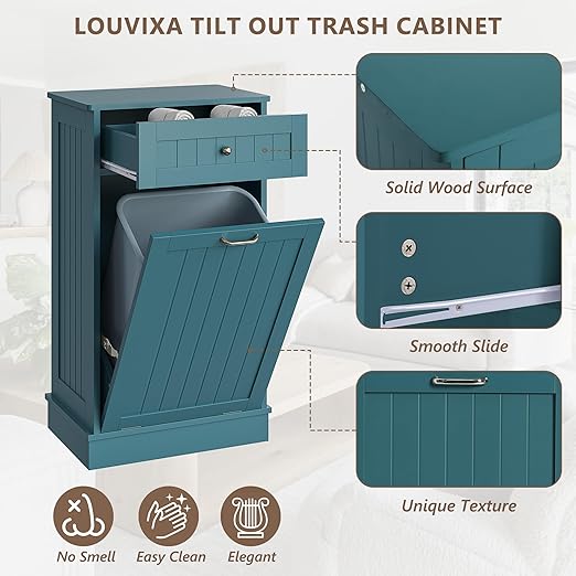 LOUVIXA Tilt Out Trash Can Cabinet, Hidden Trash Cabinet with Drawer, Wooden Dog Proof Trash Can Holder, Tilt Out Laundry Hamper, Garbage Can Holder (Teal-Blue)