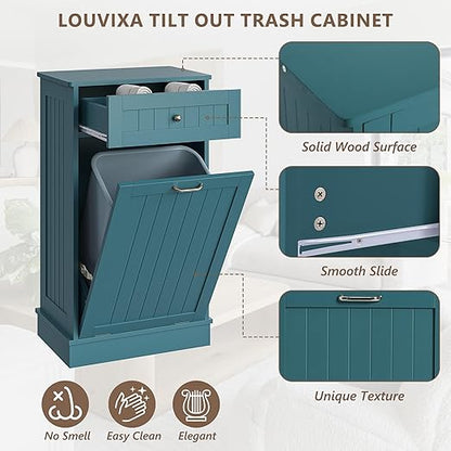 LOUVIXA Tilt Out Trash Can Cabinet, Hidden Trash Cabinet with Drawer, Wooden Dog Proof Trash Can Holder, Tilt Out Laundry Hamper, Garbage Can Holder (Teal-Blue)
