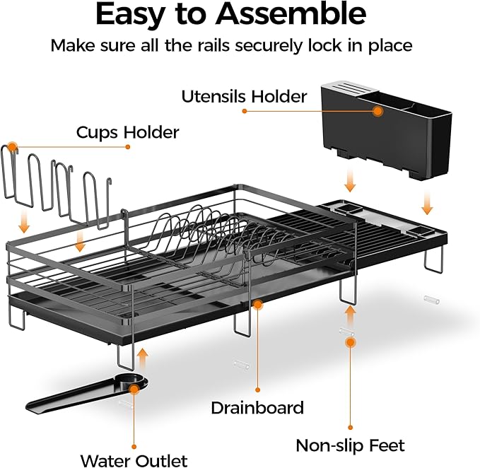 Delamu Stainless Steel Dish Drying Rack, Expandable Dish Drainer, Anti-Rust Large Dish Racks for Kitchen Counter, Dish Strainers with Drainboard, Utensil & Cup Holder, 13.4"-28.7" L x 11.8" W, Black