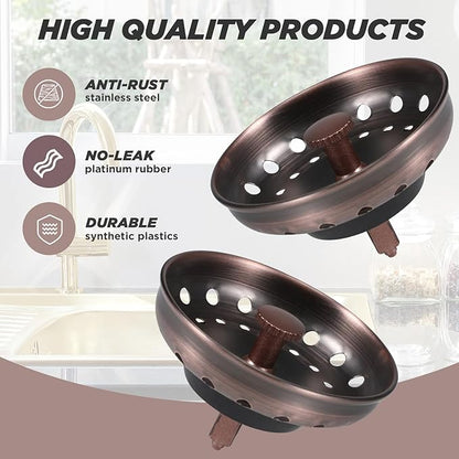 Retisee 2 Pcs Kitchen Sink Stopper Strainer Stainless Steel Drain Strainers for Universal 3-1/2 Inch Kitchen Sink Drain Replacement(Antique Copper)