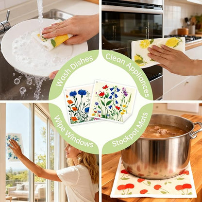 Swedish Dishcloths for Kitchen, 5 Pack Floral Flowers Reusable Paper Towels with 3 Hooks, Washable Dish Cloth Set, Absorbent Cleaning Cloth for Washing Dishes Housewarming Gifts for Friend
