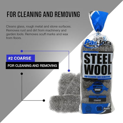 Pandora Steel Wool #2 – Coarse Grade, 16 Pads for Cleaning and Removing - Quality Metal Strands - Ideal to Remove Floor Scuff Marks and Old Wax