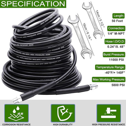 Sewer Jetter Kit 50FT for Pressure Washer, 5800PSI Drain Cleaner Hose 1/4 Inch NPT, Corner, Rotating & Button Nose Sewer Jetting Nozzle with Spanner Waterproof Tape Pearl Corsage Pin