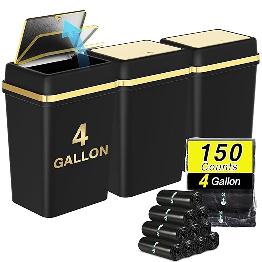 3 Pack Bathroom Trash Can with Lid 4 Gallon Small Trash Can with Press Top Lid Black and Gold Bathroom Garbage Can with 150 Counts Trash Bags for Kitchen Bedroom Office
