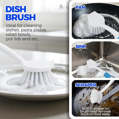 Holikme 6 Pack Dish Brush Set with Bottle Brush, Dish Scrub Brush, Pan Brush and 3 Straw Brushes, Deep Cleaning Handle Brush with Scraper Tip for Kitchen Sink Dishes Bottle Cup Pot and Pans (Azul)