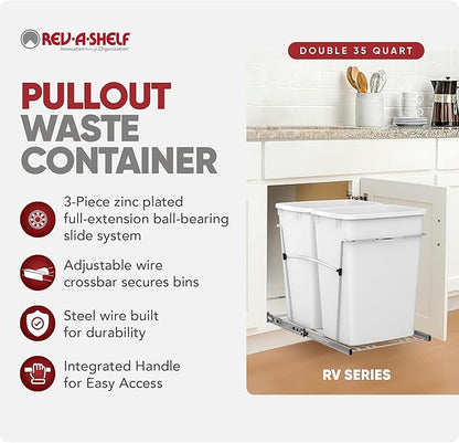 Rev-A-Shelf Double 35 Qt Pullout Trash Can for Base Kitchen Cabinets, Garbage Waste Bin System with Full-Extension Slides, Min Opening Width of 14.5" White/Chrome, RV-18KD-11C S