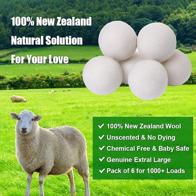 KINTOR XL Wool Dryer Balls 6-Pack, 100% New Zealand Wool, Reusable Fabric Softener, Cut Drying Time, Reduce Wrinkles Lint & Pet Hair, Hypoallergenic Quiet Laundry Balls