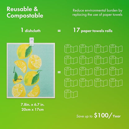 Swedish Dishcloths for Kitchen, 6 Pack Lemon Swedish Dish Towels with Clips, Reusable Paper Towels Washable Non-Scratch Super Absorbent Cellulose Sponge Cloths, Biodegradable No Odor