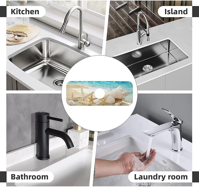 Summer Beach Starfish Sea Shell Blue Sky Sun Kitchen Sink Splash Guard Faucet Mat Super Absorbent Fast Drying Mat Sink Gadgets-Fast Drying Pad Sink Mat For Kitchen Bathroom (15" X 5.5" )