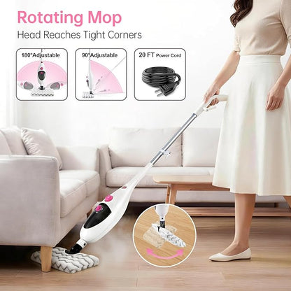 12-in-1 Steam Mop Cleaner, 15-Sec Fast Heat-Up, 1200W Floor Steamer with Double-Sided Pads, Removes 99.99% Stubborn Stains for Hardwood Floors, Marble, Clothes, Windows, Tiles, White