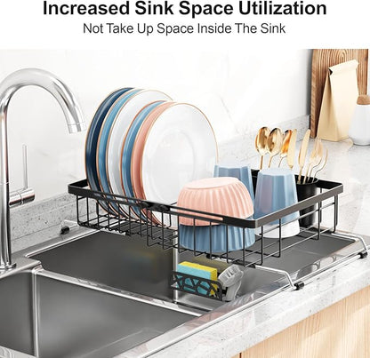 iSPECLE Expandable Dish Drying Rack for Kitchen Sink - Rust Resistant Adjustable Over the Sink Dish Drainer with Non Slip Rubber, 12.7" W x 12.8"-25.2" L, Black