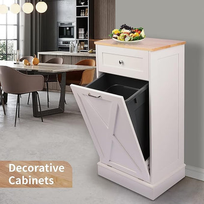 TOLEAD 10 Gallon Tilt Out Trash Can Cabinet Wooden Hidden Trash Cabinet with Solid Wood Top & Drawer, Farmhouse Kitchen Garbage Bin Enclosure Pet Proof Laundry Hamper for Kitchen, Bathroom White