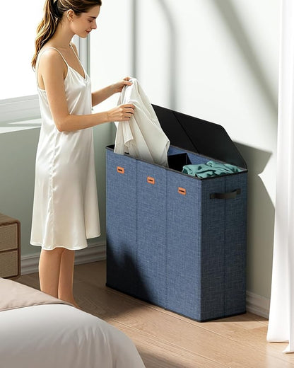 3 Bin Laundry Hamper 185L, Large Laundry Hamper with Lid, Dirty Clothes Hamper with 3 Detachable Washing Bags, Foldable Laundry Basket Organizer for Bedroom, Laundry Room