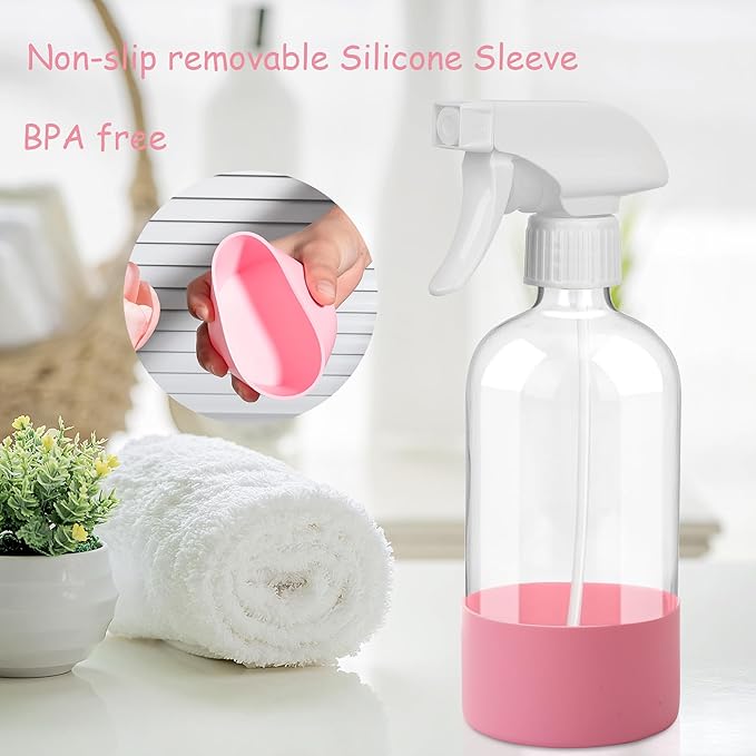 UUJOLY Plastic Spray Bottle Trigger Empty Spray Bottles Clear Refillable Container for Water, Essential Oils, Hair, Cleaning Products, Adjustable Head Sprayer and Stream, Pink + Light Blue + Purple