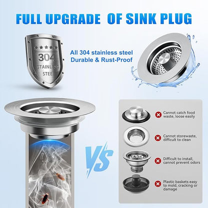 3 in 1 Kitchen Sink Drain Strainer, Universal Pop Up Stopper with Brass Core & Removable Stainless Steel Filter Basket, Anti-Clogging Sink Drain Strainer for US Standard 3-1/2'' Drain Hole
