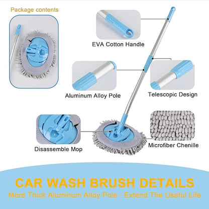 15° Curved Car Wash Brush with 43" Telescopic Handle, Microfiber Chenille Car Wash Mop for RV, SUV, Truck & Boat – Soft Scratch-Free Extendable Cleaning Tool (Light Blue&Silver Gray)
