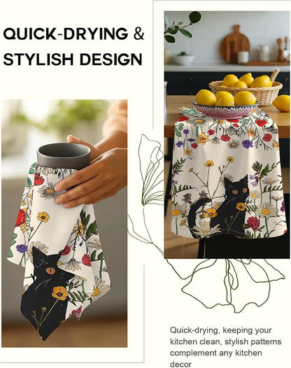 Miss Adola Flour Sack Kitchen Towels - Set of 2 Spring Dish Towels with Hanging Loop 18x26 Inch Absorbent Reusable Cotton Cloths for Cleaning Cute Design Home Decorative Housewarming, Cat in Grass