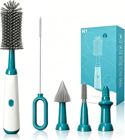 Electric Bottle Brush Set, 6-in-1 Electric Cleaning Brush with Waterproof Silicone Cleaner, 3 Replaceable Brush Heads, Straw Brush & Extension Rod, for Baby Feeding Supplies and Kitchen Utensils