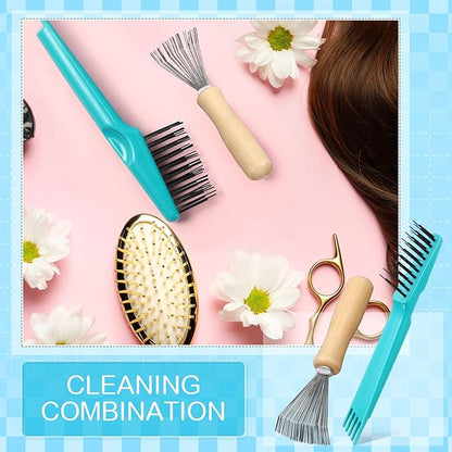Boao 2 Pieces Hair Brush Cleaning Tool Comb Cleaner Brush Mini Comb Cleaning Hair Remover Tool for Removing Dust Home and Salon Use(Green, Wood Color,Polished Wooden Handle Rake)