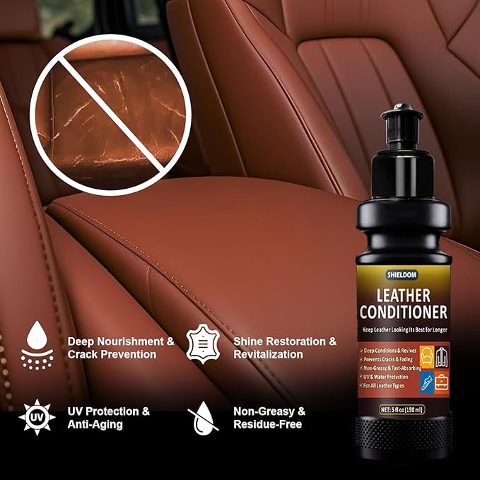 SHIELDOM Leather Cleaner and Conditioner Kit, Leather Care Cleaning Detailing Safely Cleans & Conditions Leather Car Interiors, Shoes, Bags & More - UV Protection Prevent Cracking & Fading - 5 Items