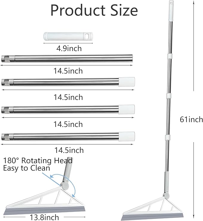Multifunction Silicone Air Broom Sweeper, Rubber Household Squeegee Push Broom with 61" Long Handle for Cleaning Indoor Smooth Floor Bathroom Kitchen Glass Shower Water Pet Hair, Grey