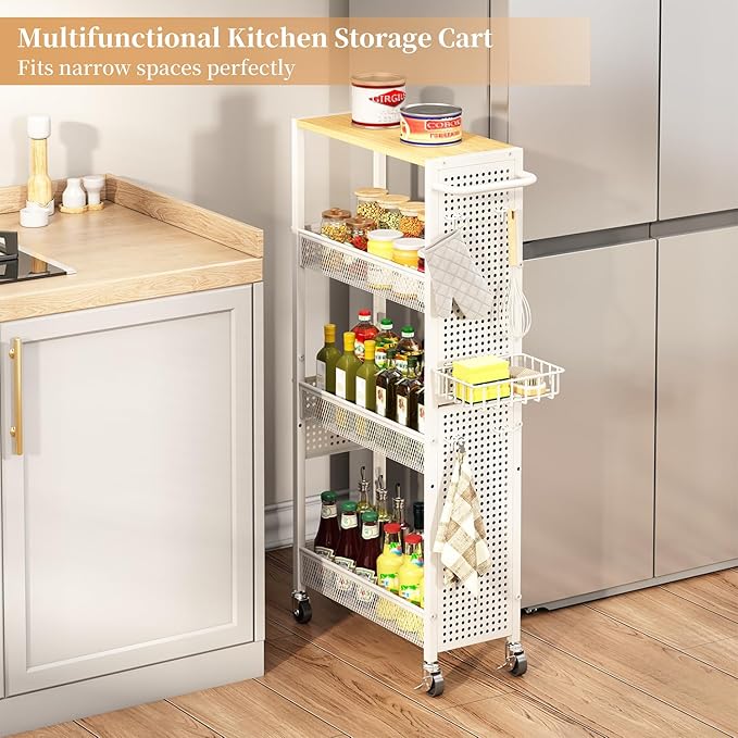 Slim Storage Rolling Cart: 4-Tier Narrow Metal & Wood Utility Cart with Wheels for Kitchen/Laundry/Bathroom(White)