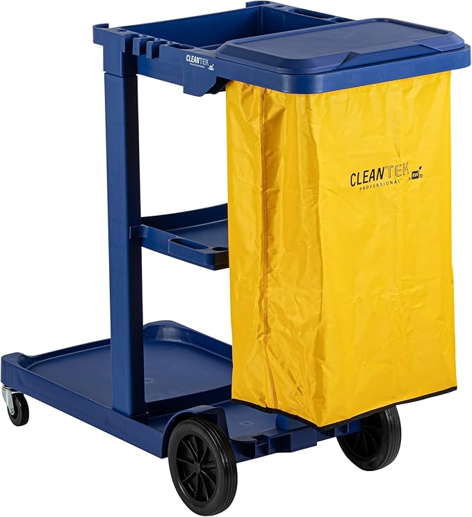 Restaurantware-Clean Tek Professional Janitor Cart with Wheels, 1 Cleaning Trolley with Cover and 18 Gallon Bag - 3 Shelves, Heavy-Duty, Blue Plastic Commercial Janitorial Cart, for Restaurants