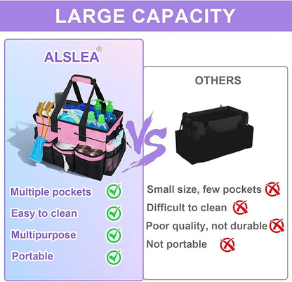 ALSLEA Cleaning Caddy Bag Heavy-Duty Organizer Tote for Housekeepers, Janitors & Home Cleaning Supplies with Adjustable Shoulder Strap & Multiple Pockets (Pink)